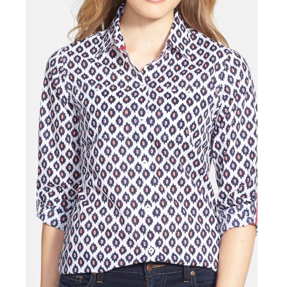 FOXCROFT Ikat Foulard Print Cotton Blouse 10P